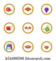 Spanish journey icons set, cartoon style Spanish journey icons set, cartoon style