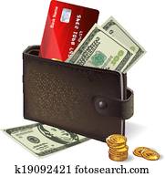 Wallet with credit card banknotes and coins Wallet with credit card banknotes and coins