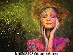 mulher jovem, musa, com, criativo, arte corpo, e, penteado