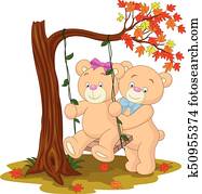 oso, pareja, enamorado, sentado, en, un, columpio, debajo, un, árbol, en, otoño