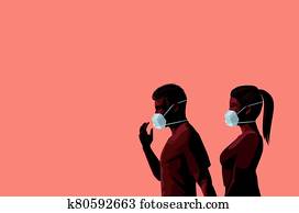 un, emparéjese andando, juntos, llevando, protector, mascarillas