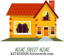 Gelb, steinhaus, mit, grüner baum, auf, a, weiß, hintergrund., landhaus