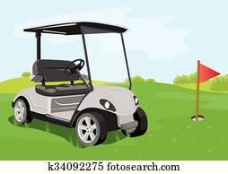 golf cart and flag on a golf course golf cart and flag on a golf course