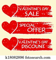 valentines day sale and discount, special offer - text with hearts in three red drawn banners valentines day sale and discount, special offer - text with hearts in three red drawn banners