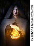 הלוווין, concept., זכר, קוסם, עם, כדור אש