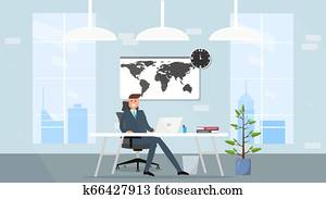 تصوير, بسبب, رجل العمل, واصل العمل, تكتل سياسي, له, laptop, , desktop., جذل, حركة, man., freelancer, مكتب البيت, concept.