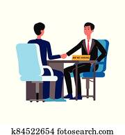 dos, hombres de negocios, en, hora, entrevista, -, caricatura, hombres, sacudarir las manos, sentar escritorio