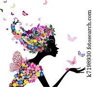 menina, com, flores, e, borboletas