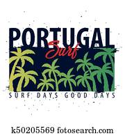portugal, surfando, gráfico, com, palms., t-shirt, desenho, e, print. portugal, surfando, gráfico, com, palms., t-shirt, desenho, e, print.