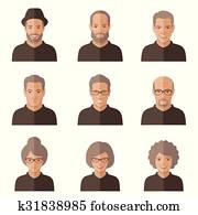 vector, ancianos, face.