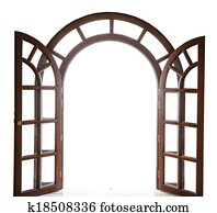 open arched wooden door on a white background