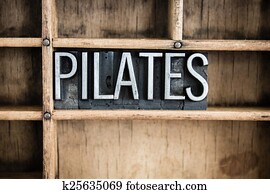 pilates, concept, metaal, letterpress, woord, in, lade
