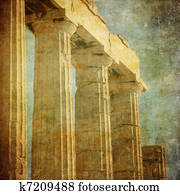 Vintage image of greek columns, Acropolis, Athens, Greece