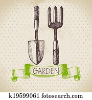 altmodisch, skizze, gartenarbeit, hintergrund., hand, gezeichnet, design altmodisch, skizze, gartenarbeit, hintergrund., hand, gezeichnet, design