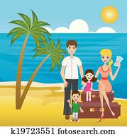 gezin, op, verlof, zetten, op, koffer