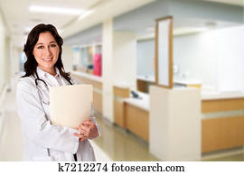 glücklich, doktor, mit, geduldiges diagramm, datei, dossier, in, klinikum