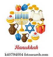 Jewish Hanukkah celebration card with holiday objects Jewish Hanukkah celebration card with holiday objects