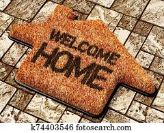Welcome home doormat standing on the ground. 3D illustration Welcome home doormat standing on the ground. 3D illustration