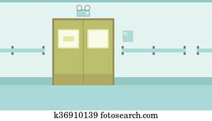 Background of hospital corridor with closed doors.