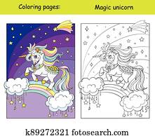 enhörning, flygning, in, den, natt himmel, kolorit