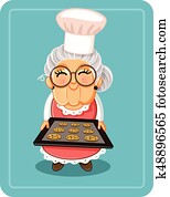 Grandma Baking Chocolate Chips Cookies Vector Illustration Grandma Baking Chocolate Chips Cookies Vector Illustration