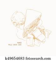 mango mille crepe cake , sketch vector. mango mille crepe cake , sketch vector.
