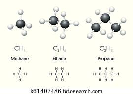 Chemical formula and molecule model methane (CH4), ethane (C2H4 ...