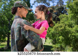 soldado, reunida, com, dela, filha