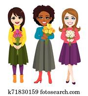 Three Women Holding Flower Bouquet Three Women Holding Flower Bouquet