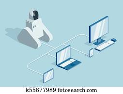 um, robô, conectado, por, fios, para, um, computador, laptop, e, móvel, gadgets., robótica, programação, e, robô, training., vetorial, ilustração, isolado, ligado, blue.