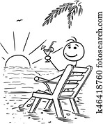 karikatur, vektor, stecken mann, entspannend, sitzen strand, stuhl, aufpassen, sonnenuntergang, mit, getr?nk karikatur, vektor, stecken mann, entspannend, sitzen strand, stuhl, aufpassen, sonnenuntergang, mit, getr?nk
