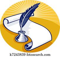 quill pen and ink well with paper scroll quill pen and ink well with paper scroll
