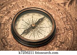 Antique Compass on Map