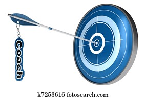 Arrow hitting the center of a target. The word coach is fixed on the arrow, the image is isolated on white background Arrow hitting the center of a target. The word coach is fixed on the arrow, the image is isolated on white background
