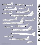 geschichte, von, amerikanisch, bombers., flugzeug, profiles., aufrei?en, vektor, zeichnung geschichte, von, amerikanisch, bombers., flugzeug, profiles., aufrei?en, vektor, zeichnung