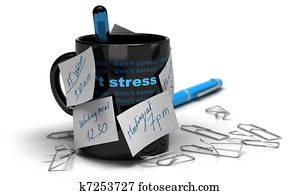 mug with memo notes glued on it with paperclips distorded, white background and blur effect mug with memo notes glued on it with paperclips distorded, white background and blur effect