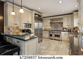 upscale, cozinha, com, barra pequeno almoço