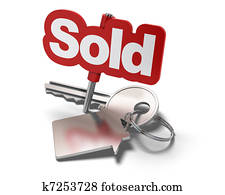 Word sold and key with keyring with shaped house white background - real estate concept Word sold and key with keyring with shaped house white background - real estate concept