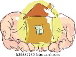 Drawn hands holding house