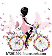 menina numa bicicleta, com, um, romanticos, borboletas