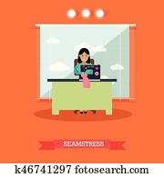 Vector illustration of seamstress sewing on machine in flat style