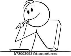 vektor, karikatur, von, kreativ, mann, oder, gesch?ftsmann, oder, schriftsteller, denken, über, etwas, mit, kugelschreiber, in, mundbereich vektor, karikatur, von, kreativ, mann, oder, gesch?ftsmann, oder, schriftsteller, denken, über, etwas, mit, kugelschreiber, in, mundbereich