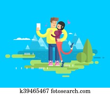 illustration of a happy married couple on vacation, man and woman embrace make selfie the background