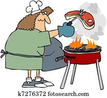 Woman Barbecueing A Steak Woman Barbecueing A Steak