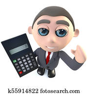 3d, divertido, caricatura, ejecutivo, hombre de negocios, carácter, utilizar, un, calculadora