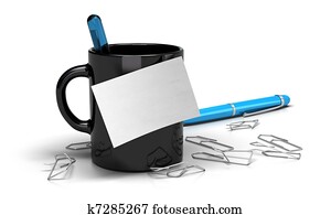 communication concept. Blank memo note onto a black mug with paperclips and a blue pen image is over a white background