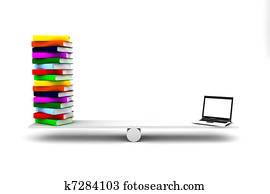 Computer and books over a balance
