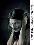 horrível, menina, com, assustador, boca