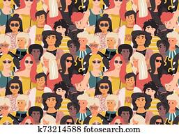 Women pattern. Cute international girl faces, seamless sketch background with women portraits. Vector feminist movement poster