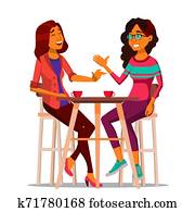 zwei, frau, freunde, kaffeetrinken, ., besten freunde, in, cafe., sitzen zusammen, in, restaurant., kommunikation, laughter., freigestellt, karikatur, abbildung